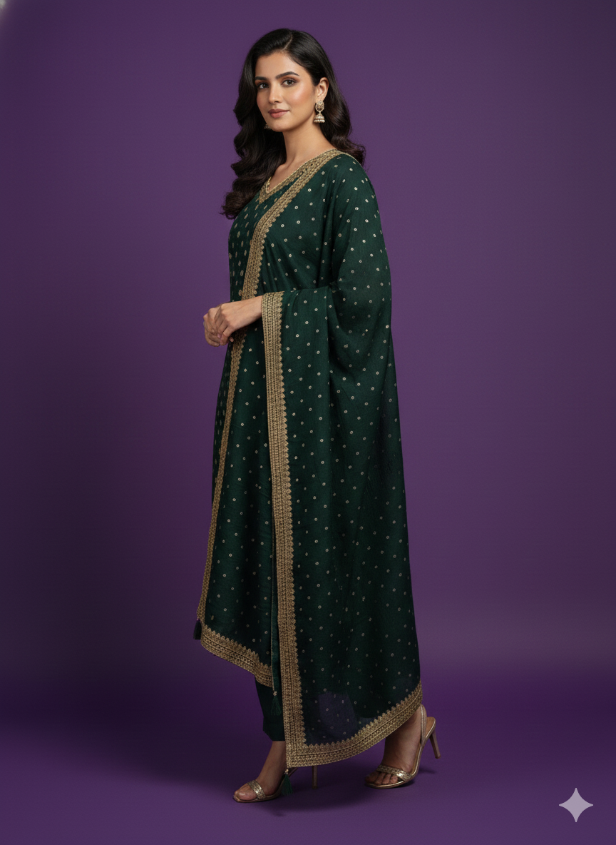 Green V-Neck Silk Kurta