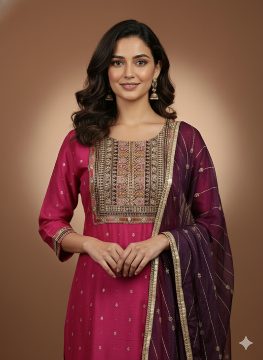 Pink Round Neck Silk Kurta Set with Dupatta