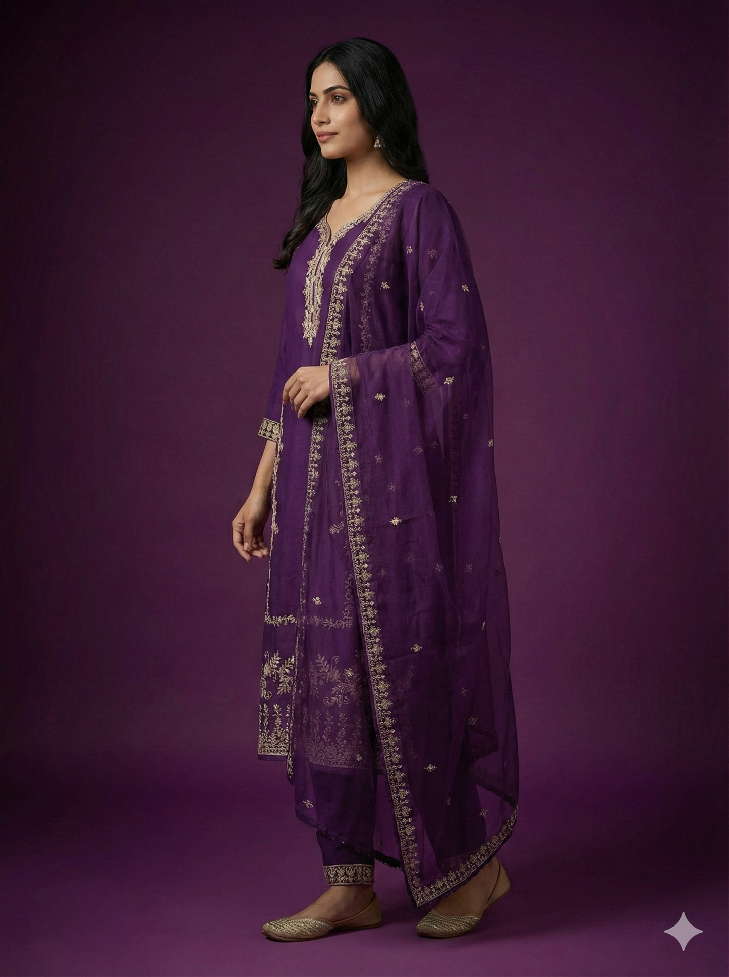 Purple Deep V-Neck Rayon Kurta Set with Dupatta