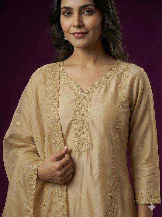 Beige Deep-V Rayon Kurta Set with Dupatta