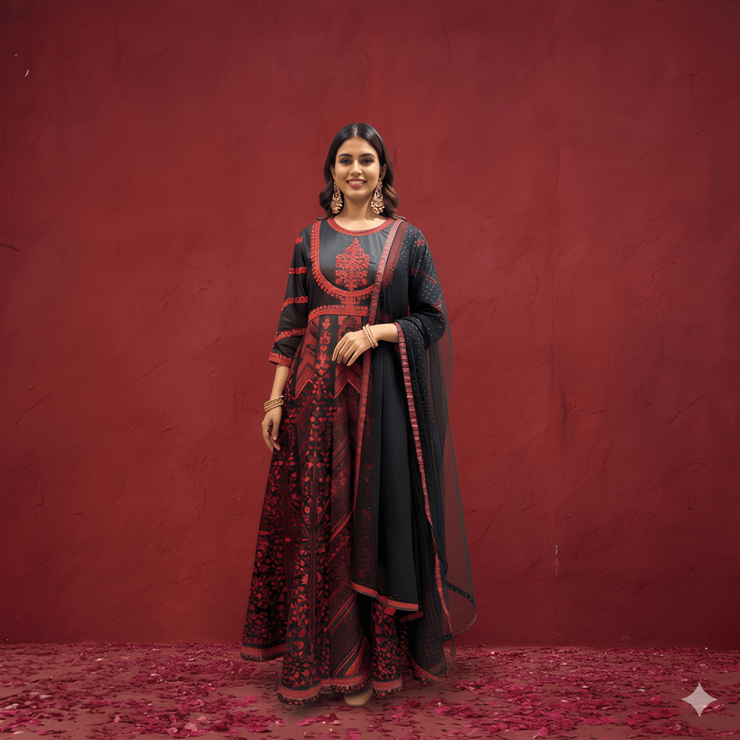 Black Round Neck Silk Kurta Set with Dupatta