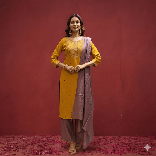 Yellow Round Neck Silk Kurta Set with Dupatta