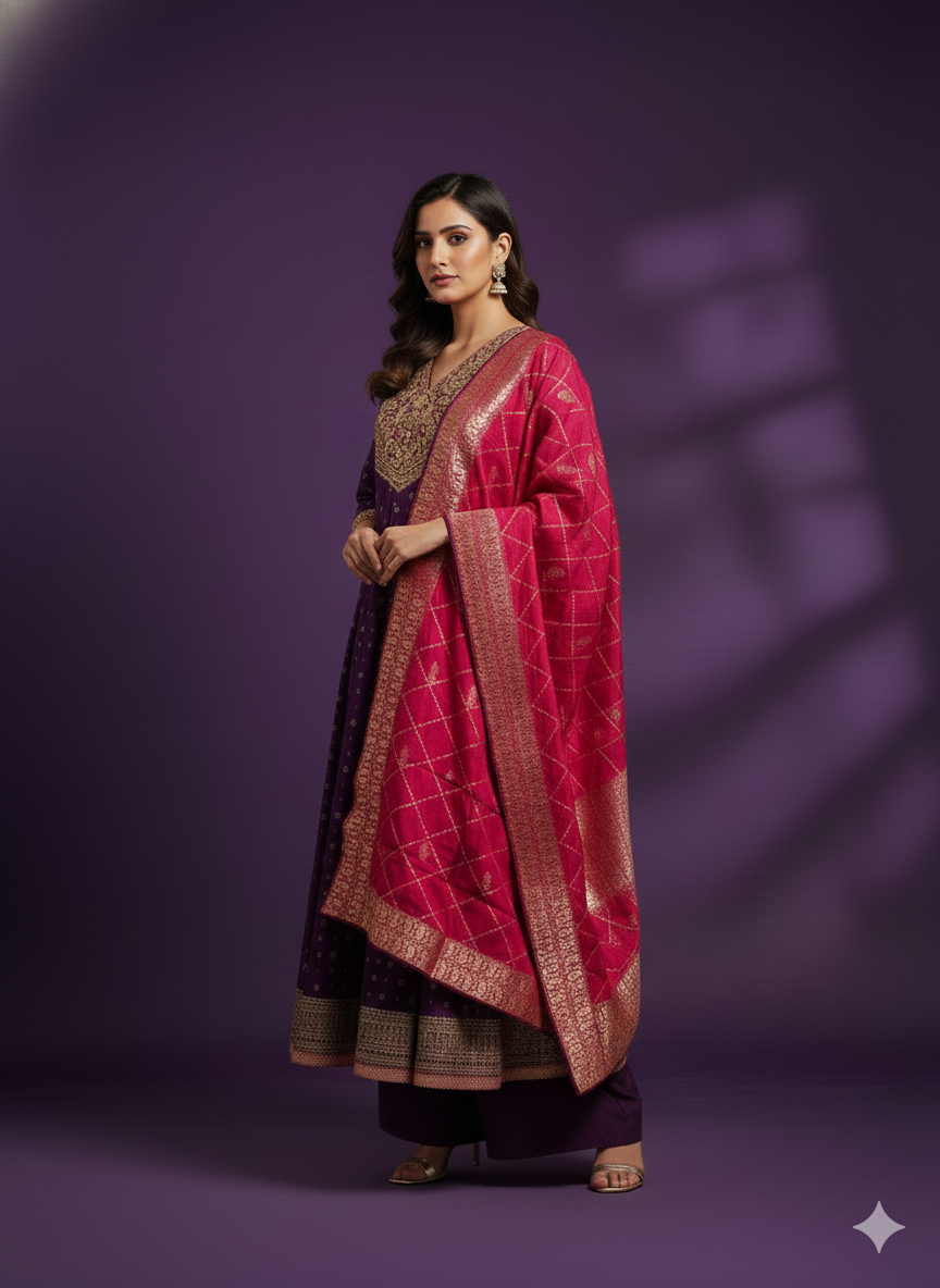 Purple V-Neck Silk Kurta Set with Dupatta