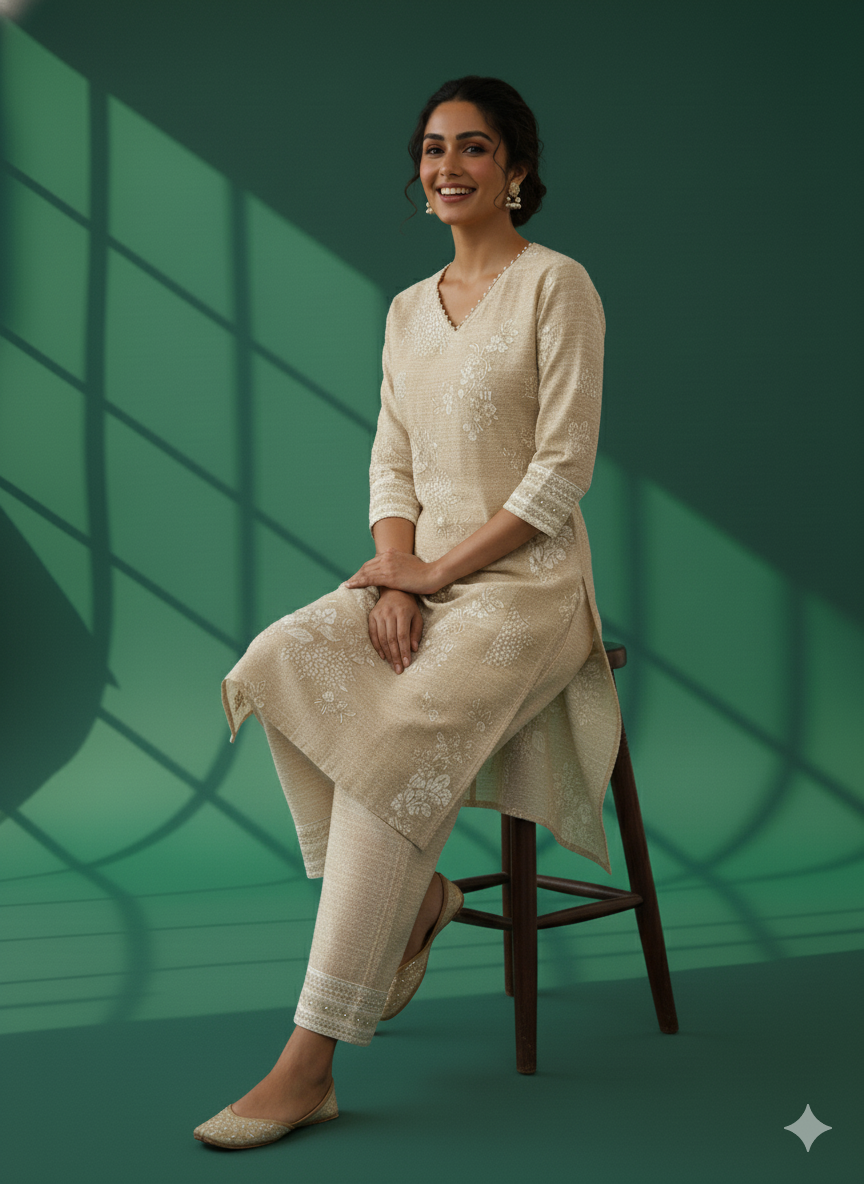 Ivory V-Neck Silk Cord Set