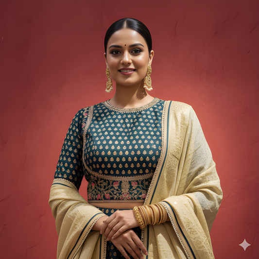 Green Round Neck Silk Kurta Set with Dupatta