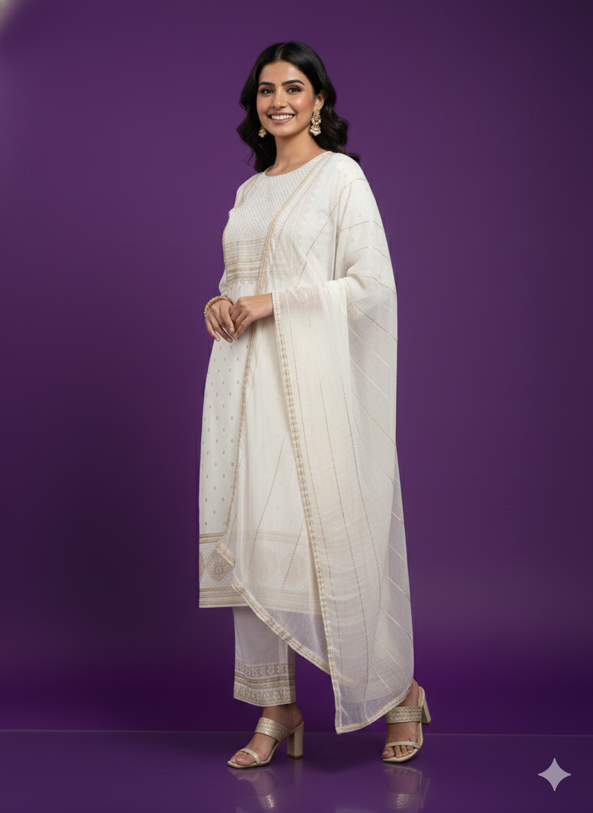 White Round Neck Rayon Cord Set