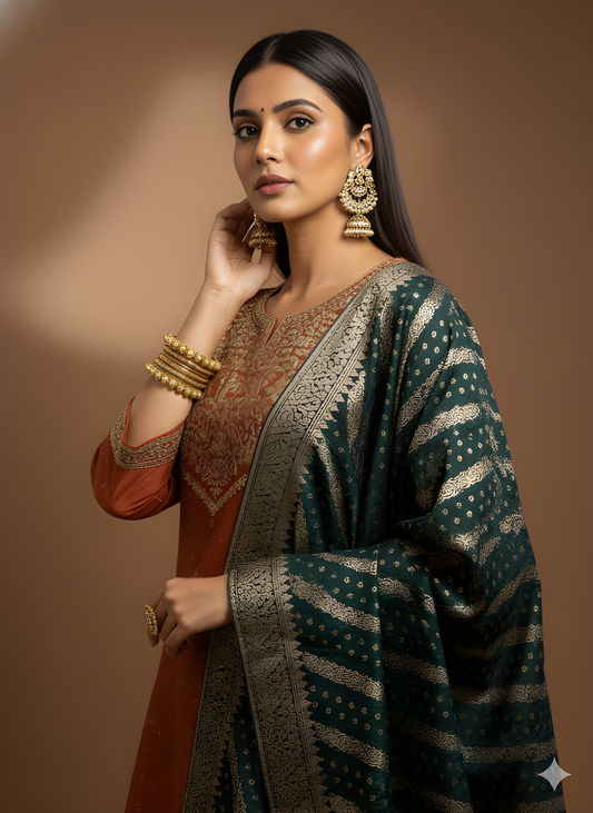 Brown Round V Neck Silk Kurta Set with Dupatta