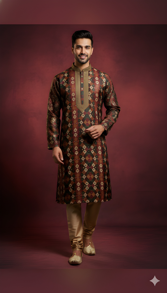 Burgundy Mandarin Neck Silk Kurta