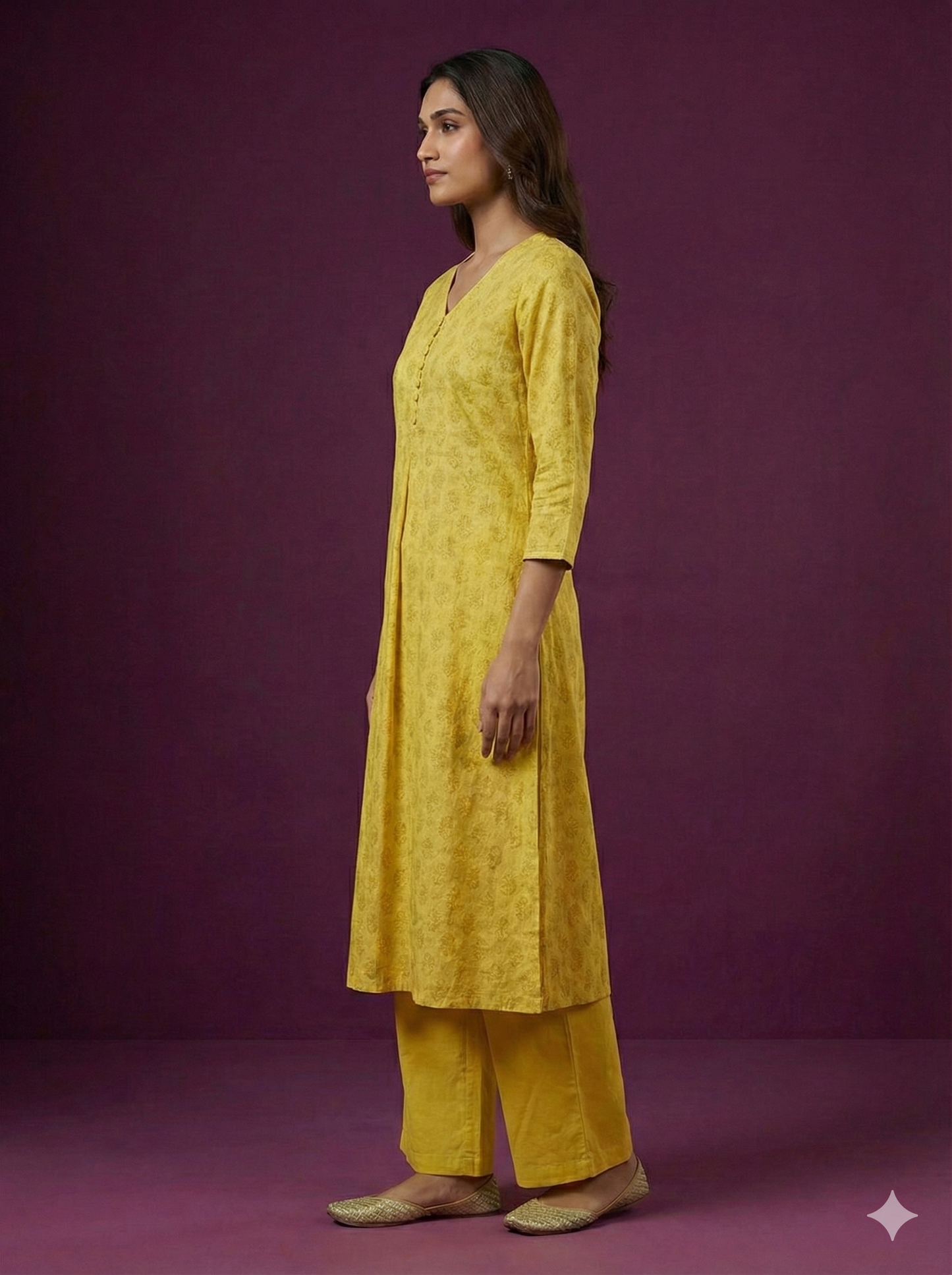 Span Yellow V Neck Cotton Casual Kurta