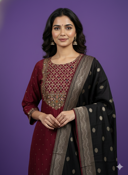 Burgundy Round Neck Cotton Kurta Set with Dupatta