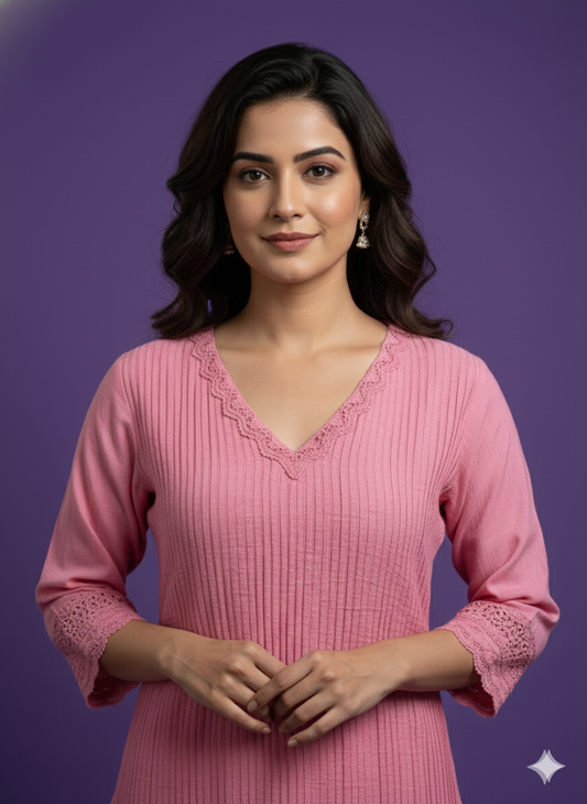 Pink V-Neck Cotton Cord Set