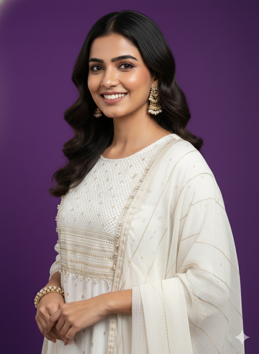 White Round Neck Rayon Cord Set