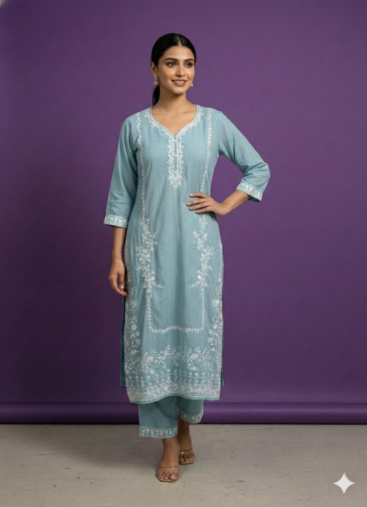 Blue Deep V-Neck Rayon Kurta Set with Dupatta
