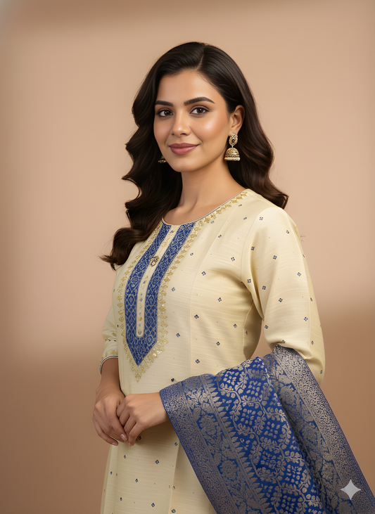 Ivory Round Neck Silk Kurta set with Dupatta