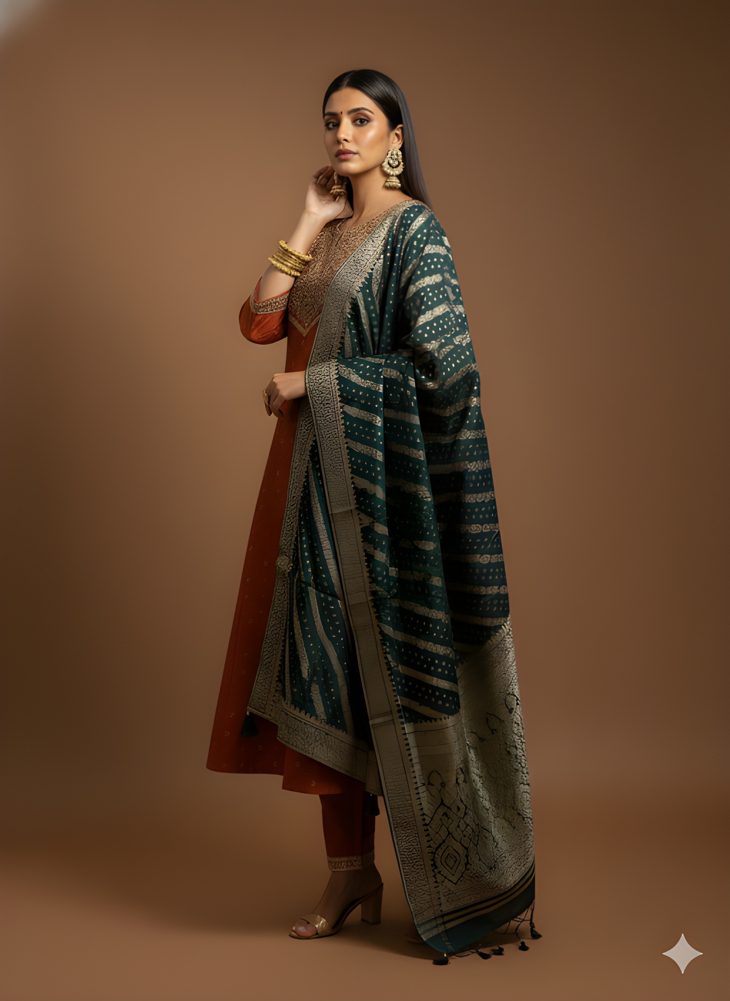 Brown Round V Neck Silk Kurta Set with Dupatta