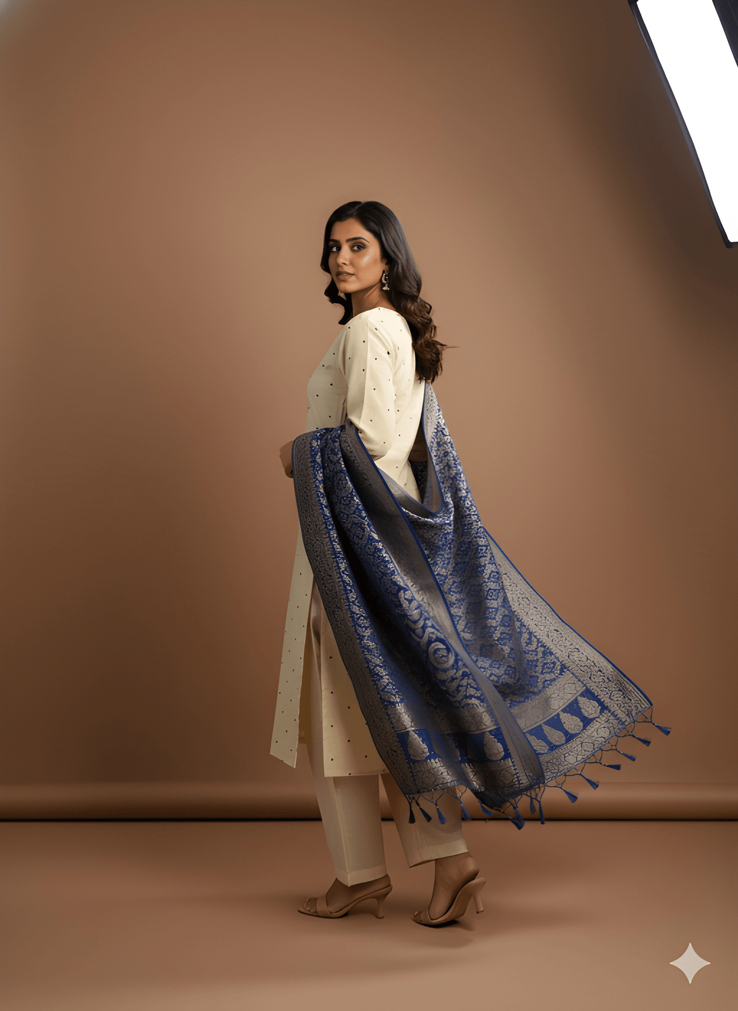 Ivory Round Neck Silk Kurta set with Dupatta