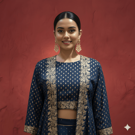 Span Blue Round Neck Silk 3 PCS Set