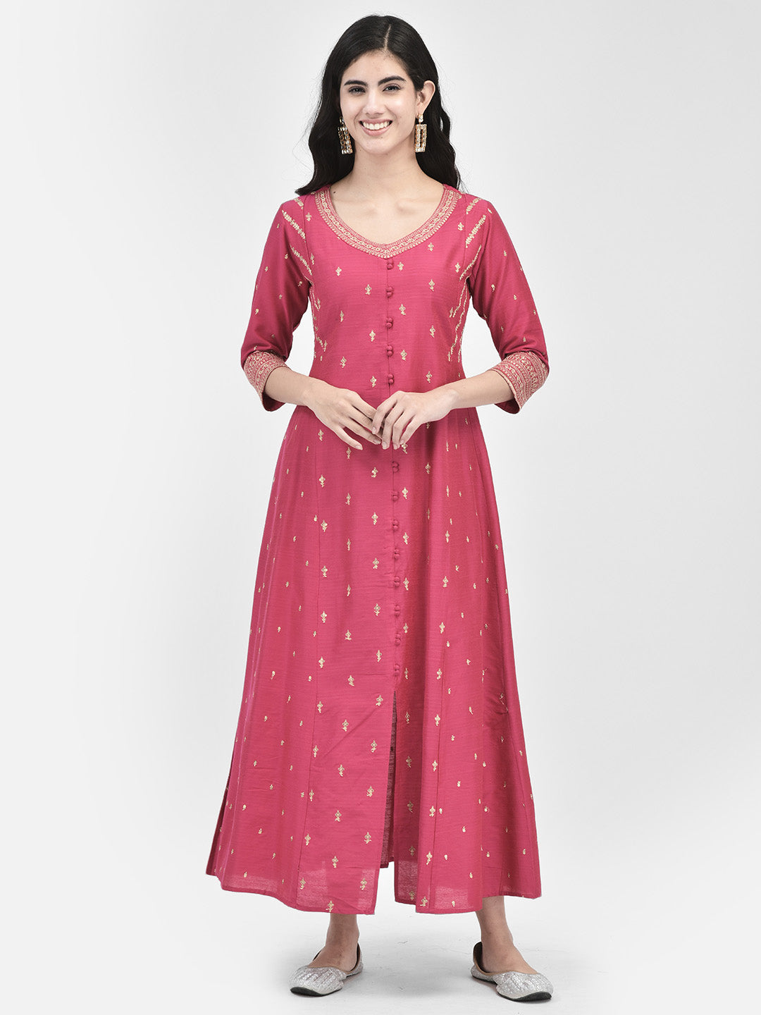 Span Pink V-Neck Festive Silk Gown