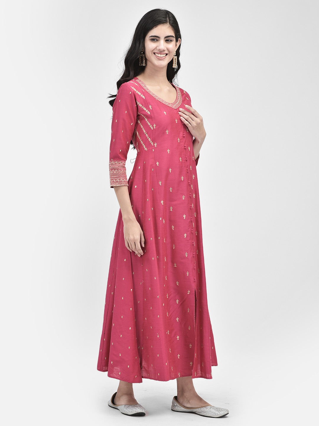 Span Pink V-Neck Festive Silk Gown