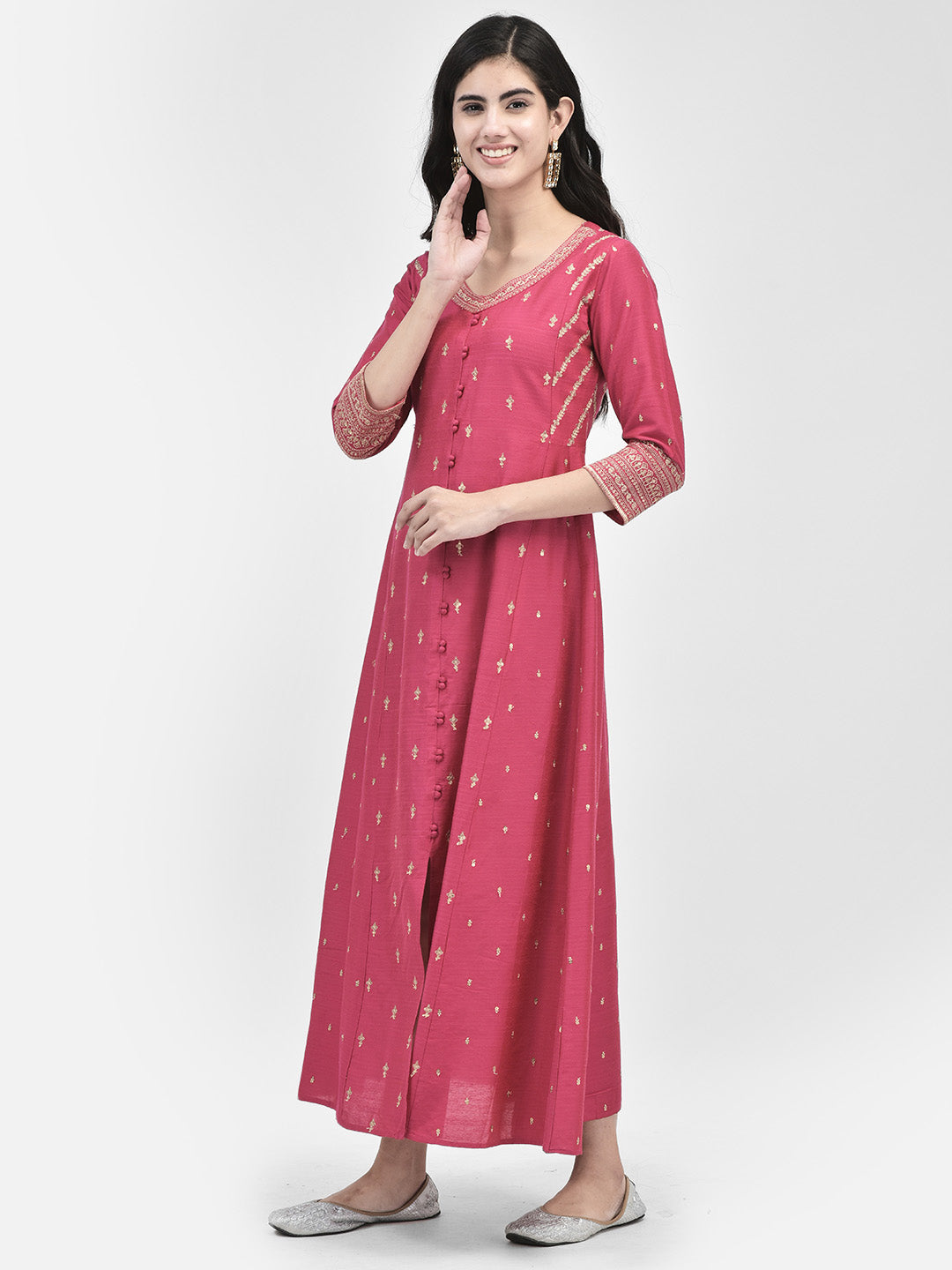 Span Pink V-Neck Festive Silk Gown