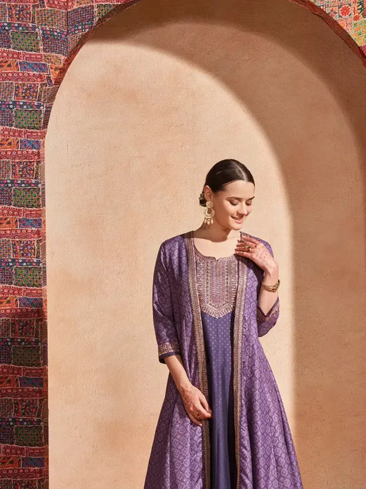 Span Lilac Purple Silk Kurta Jacket 2 Piece Set