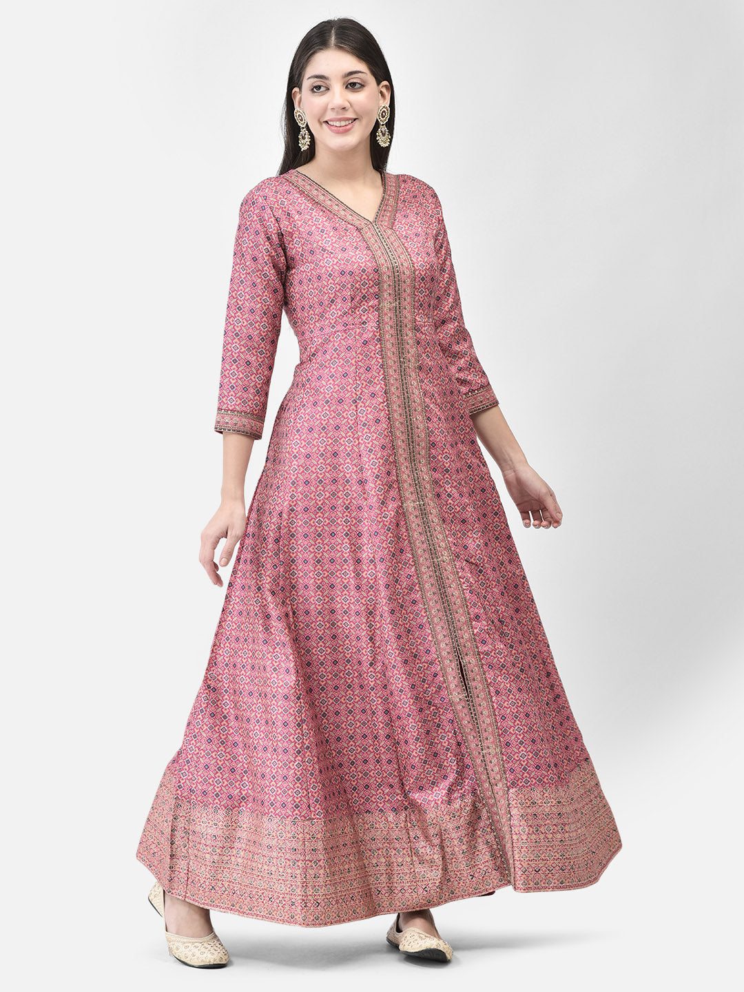 Span Pink V-Neck Silk Festive Gown
