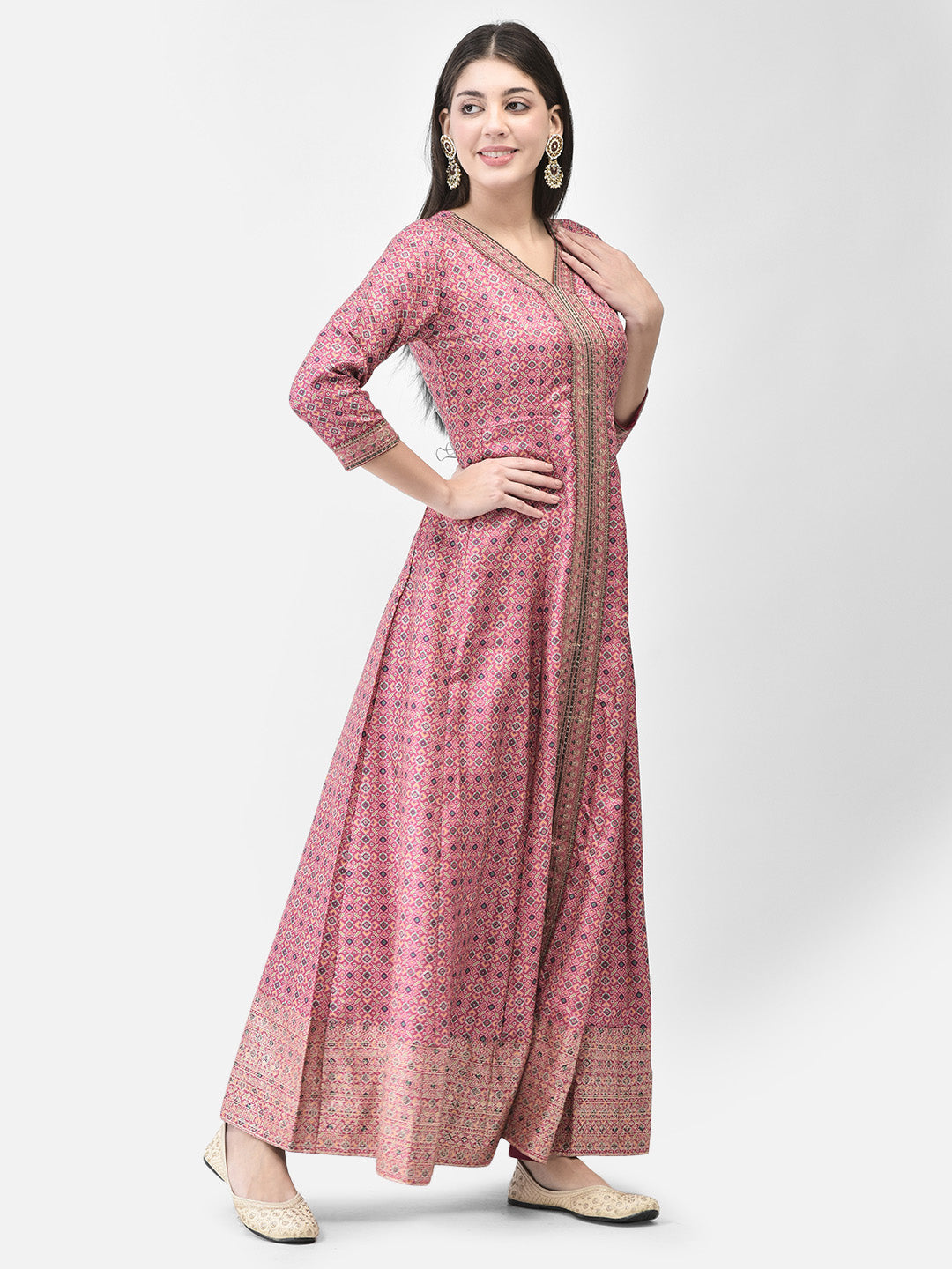 Span Pink V-Neck Silk Festive Gown