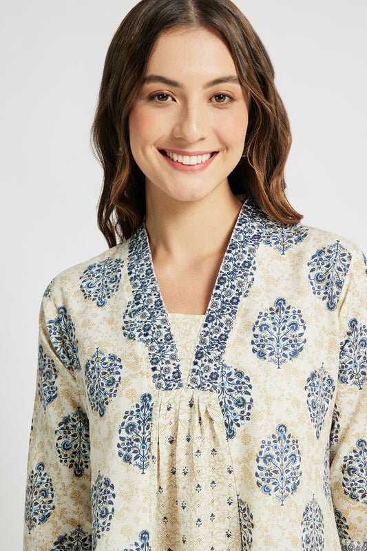 Span White Deep V Cotton Casual Kurta