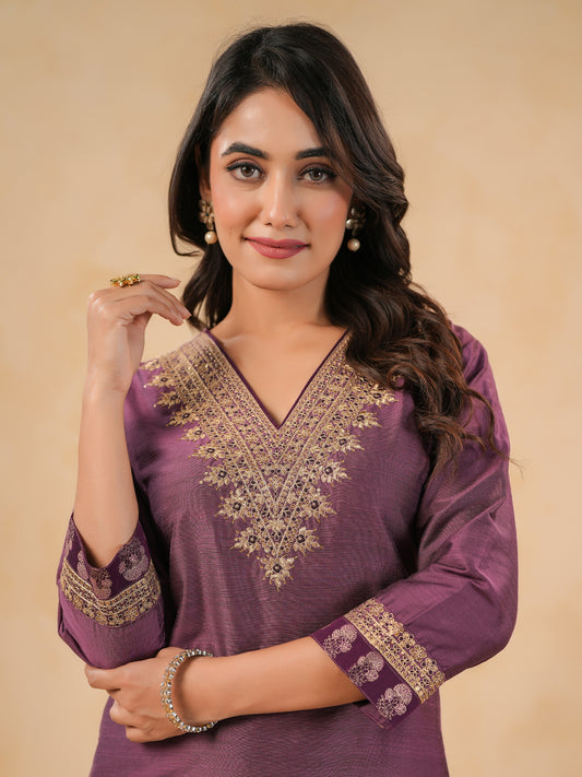 Span Purple V Neck Silk Kurta Set