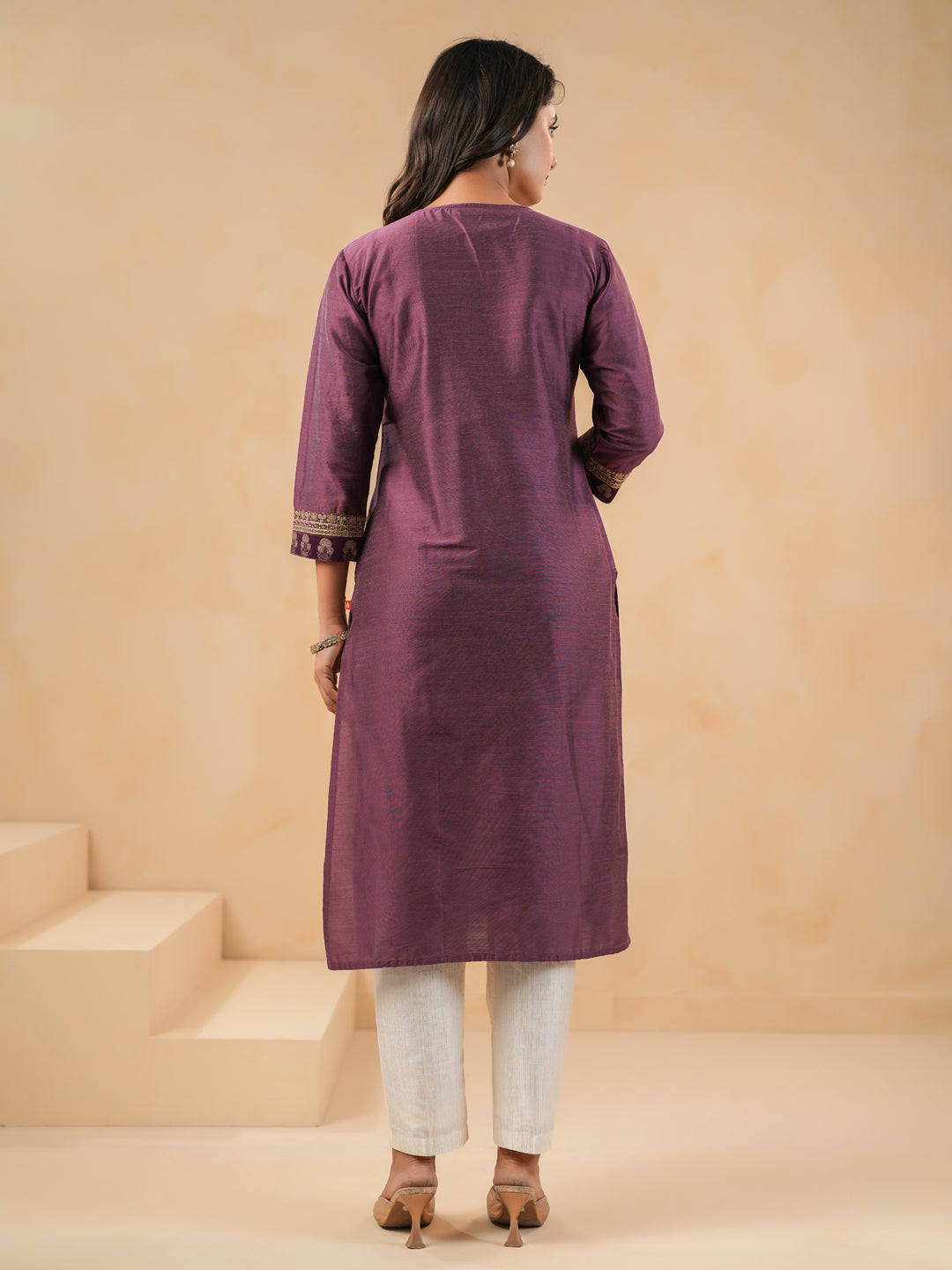 Span Purple V Neck Silk Kurta Set