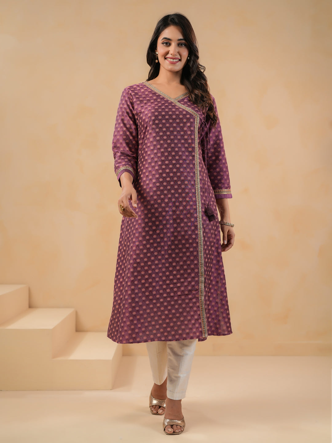 Span Purple V Neck Silk Kurta Set