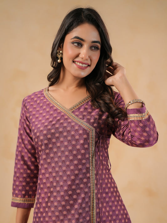 Span Purple V Neck Silk Kurta Set