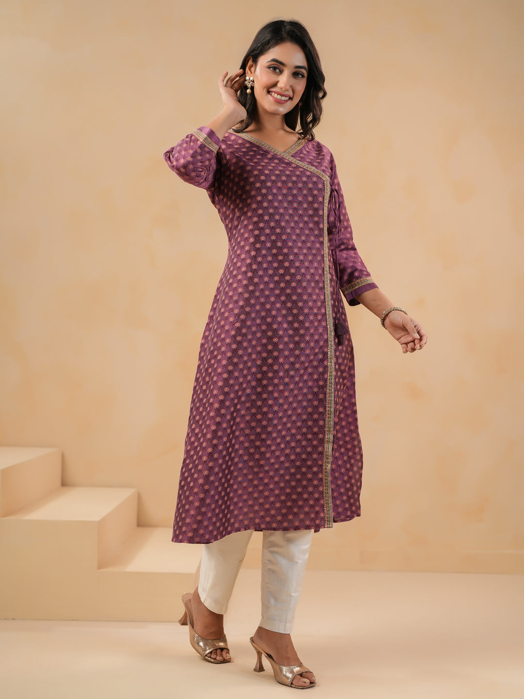Span Purple V Neck Silk Kurta Set
