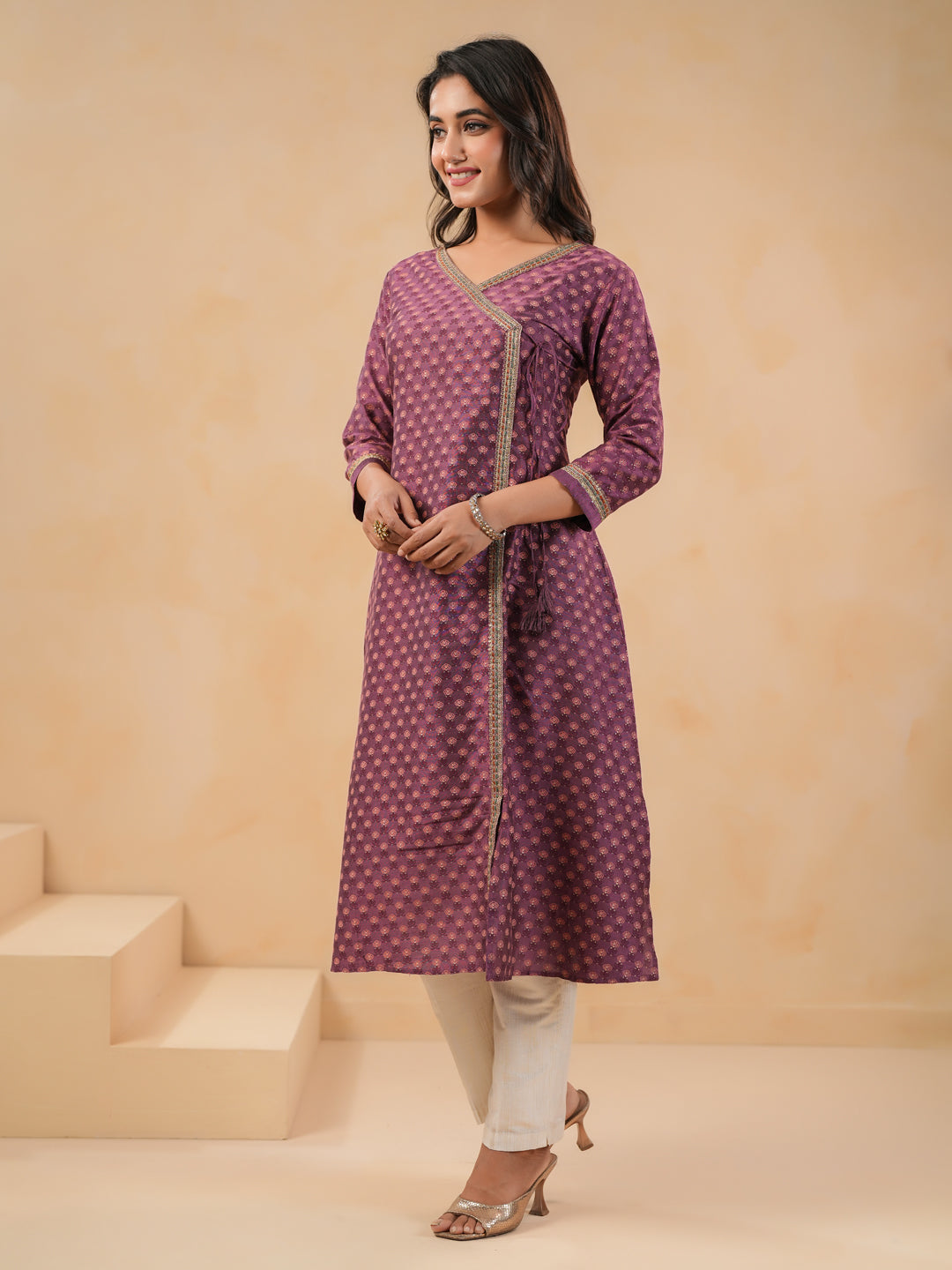 Span Purple V Neck Silk Kurta Set