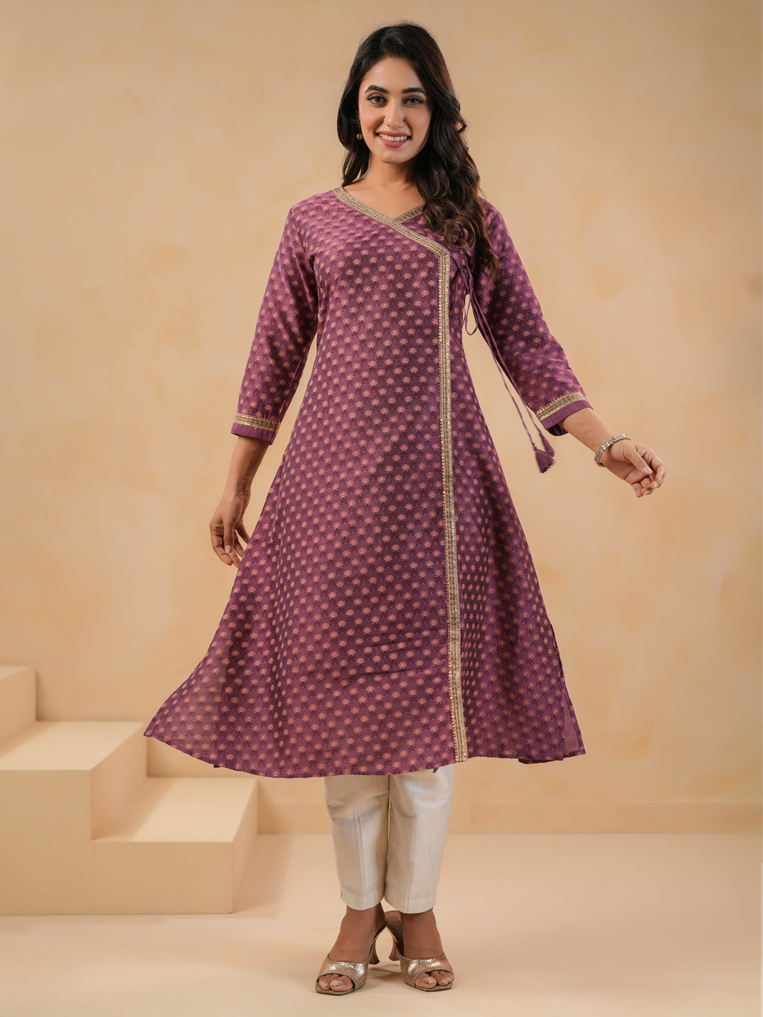 Span Purple V Neck Silk Kurta Set