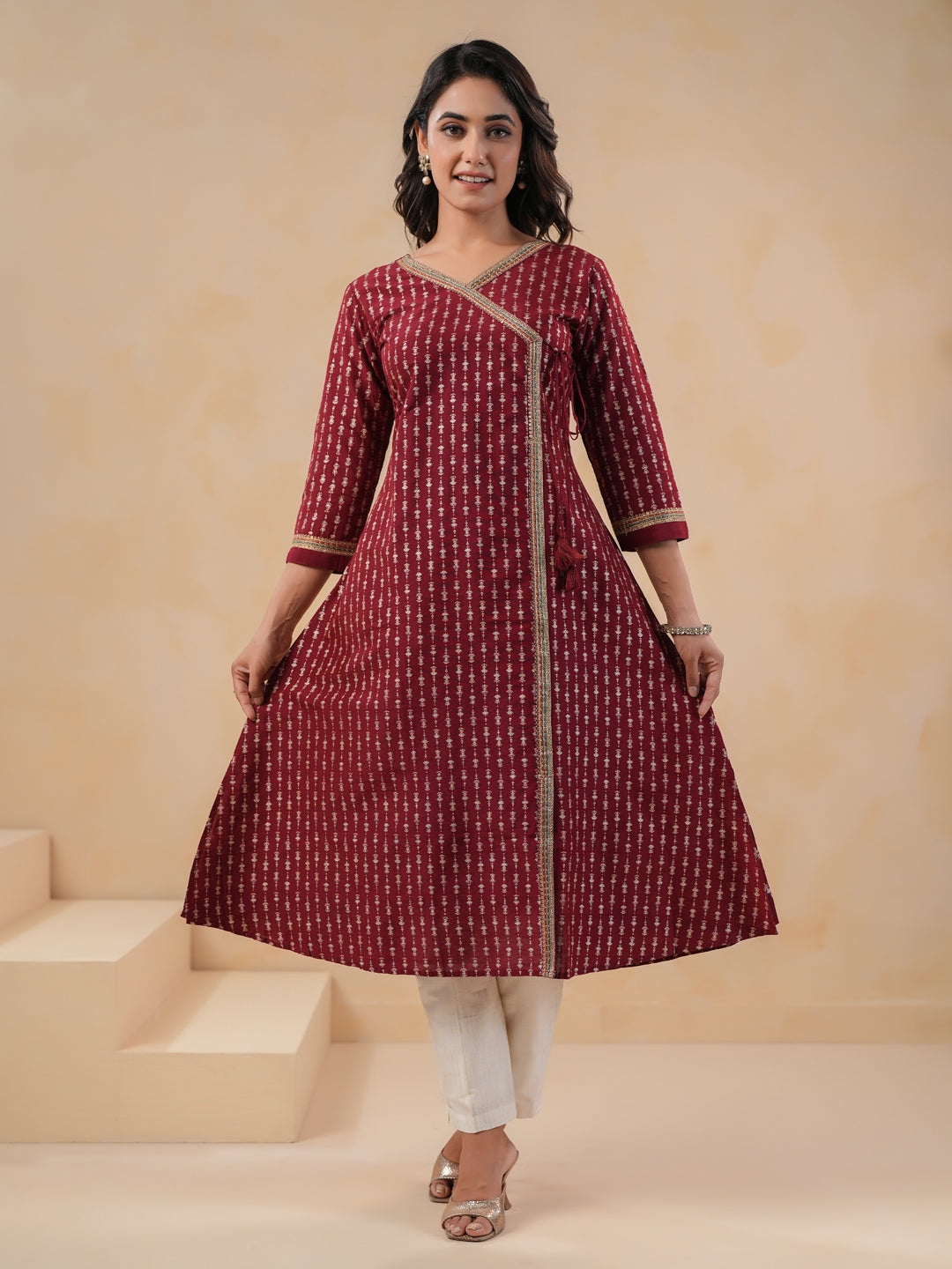 Span Burgundy V Neck Silk Kurta Set