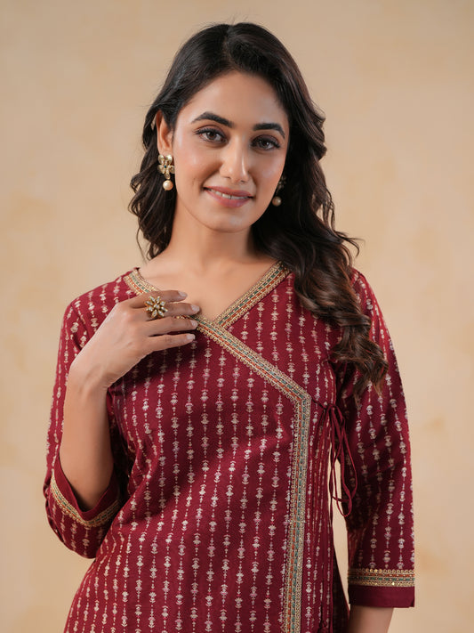 Span Burgundy V Neck Silk Kurta Set