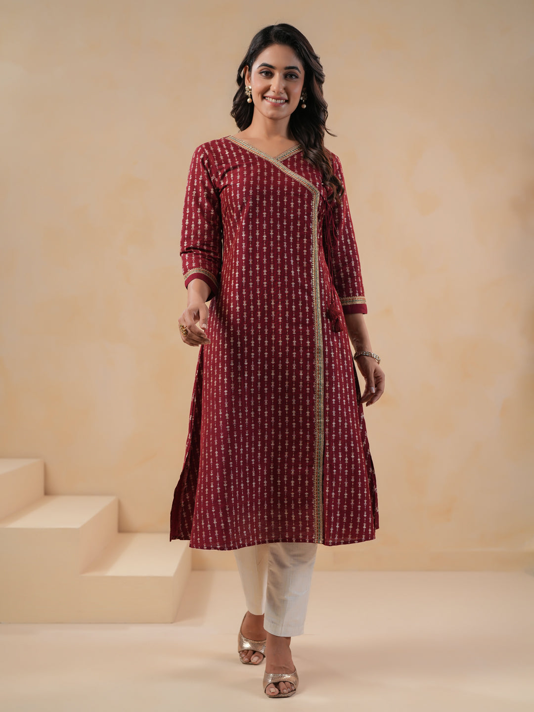 Span Burgundy V Neck Silk Kurta Set