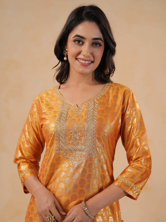 Span Yellow Round Neck Silk Kurta Set