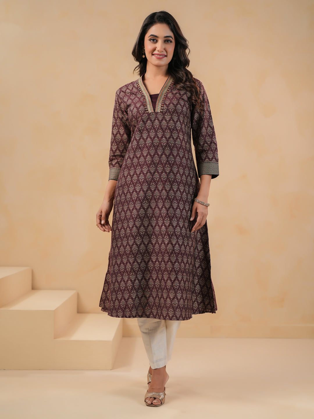 Span Wine Deep V Silk Kurta Set