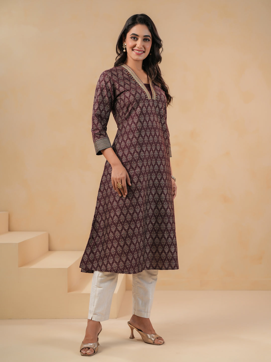 Span Wine Deep V Silk Kurta Set