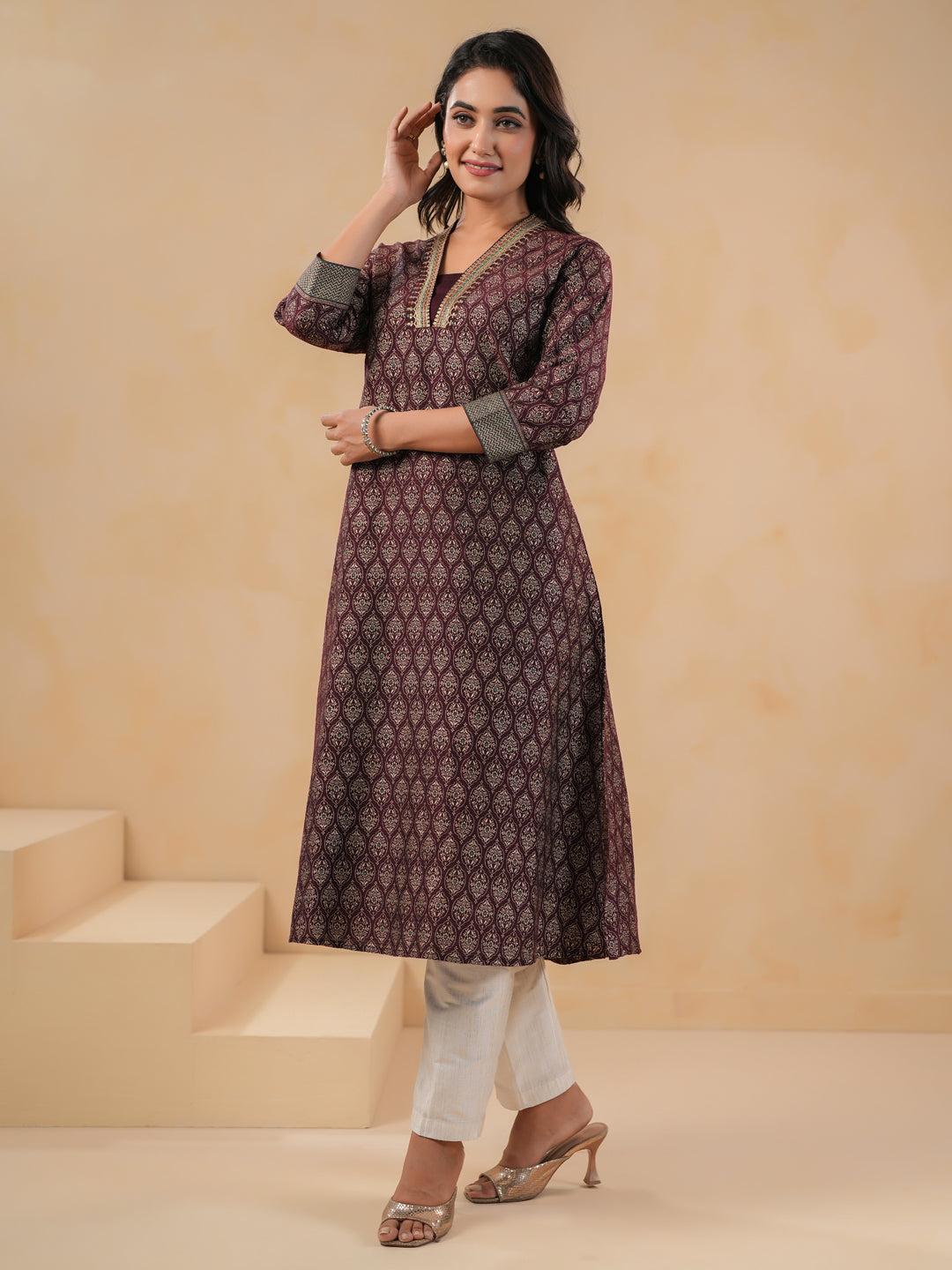 Span Wine Deep V Silk Kurta Set