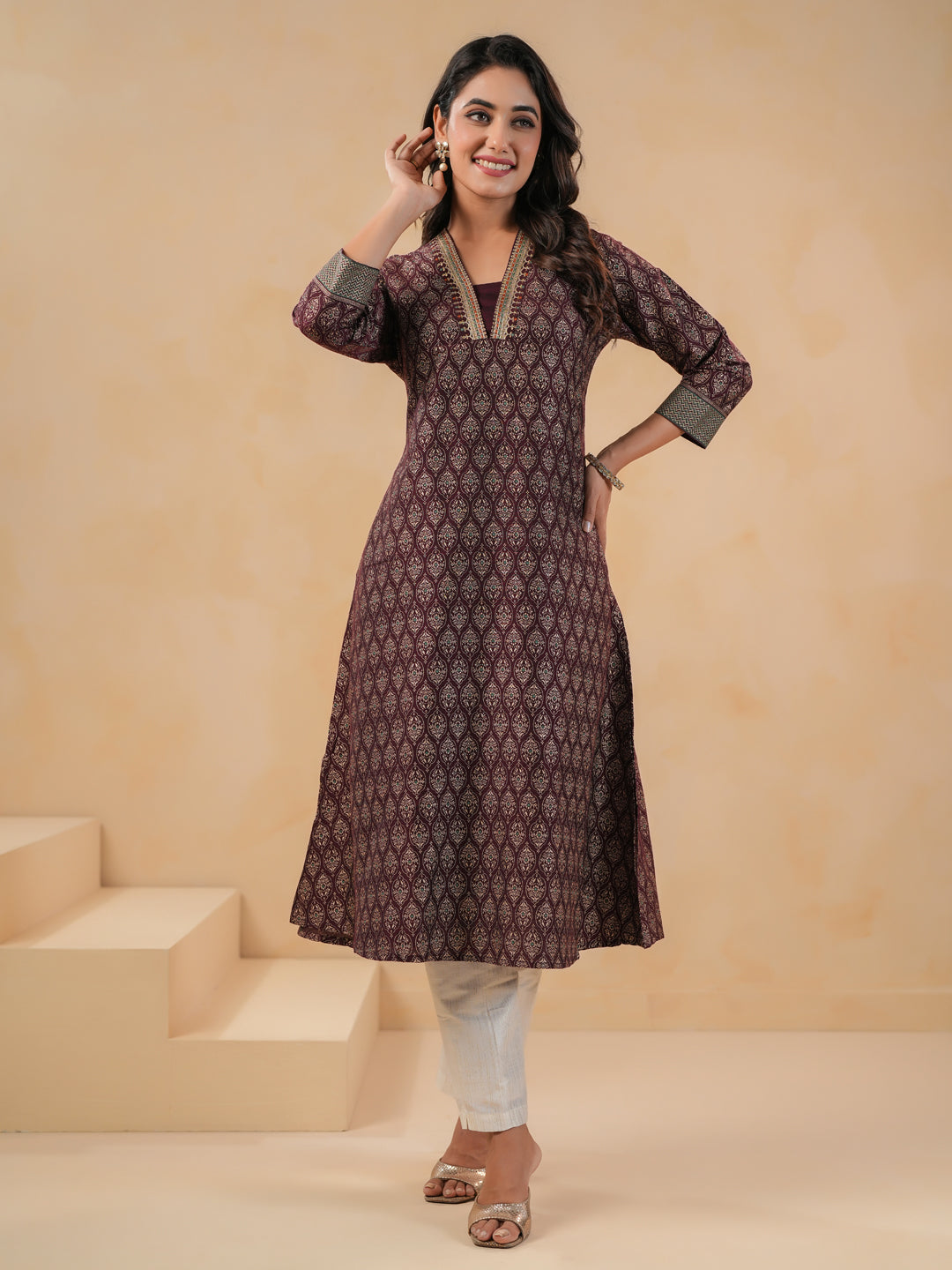 Span Wine Deep V Silk Kurta Set