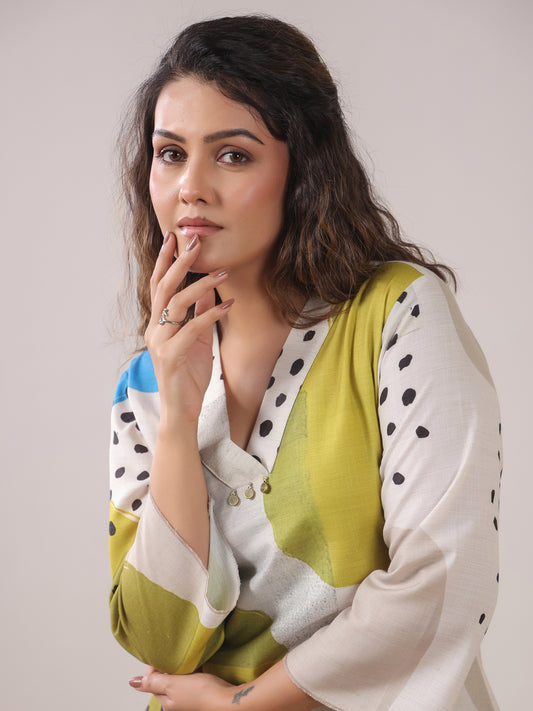 Span Ivory V Neck Visocse Cord Set