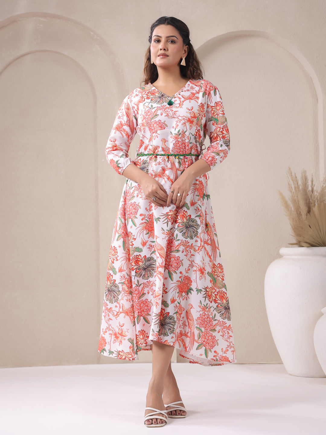 Span White V Neck Viscose Gown