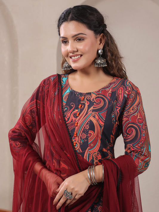 Span Black Round Neck Viscose Kurta Set with Dupatta