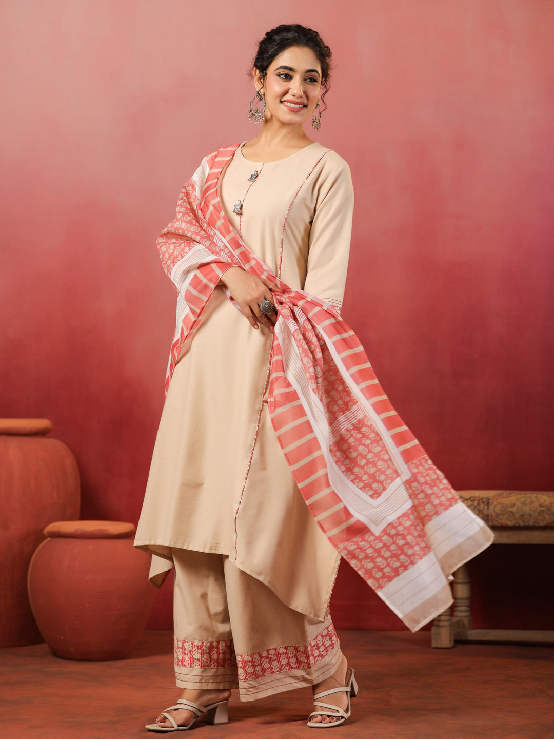 Span Biege Round Neck Cotton Kurta Set with Dupatta