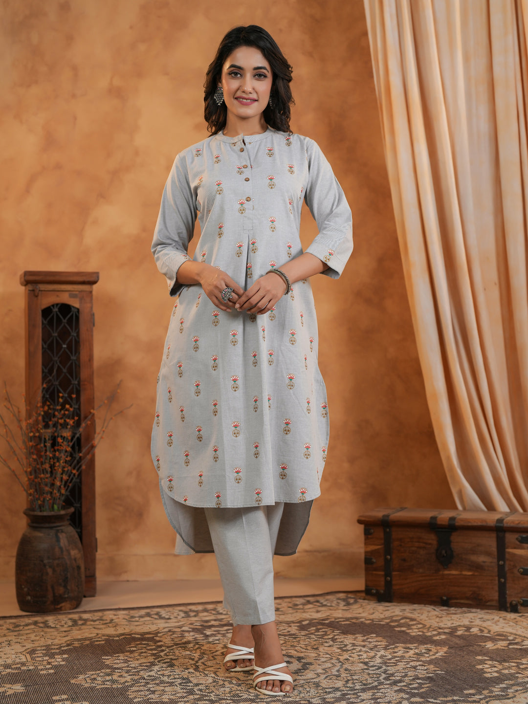 Span Grey Mandarin Cotton Co-Ord Set