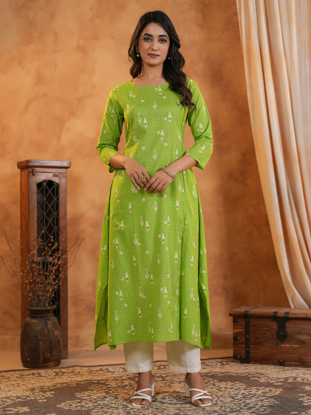 Span Green Round Neck Cotton Kurta Set
