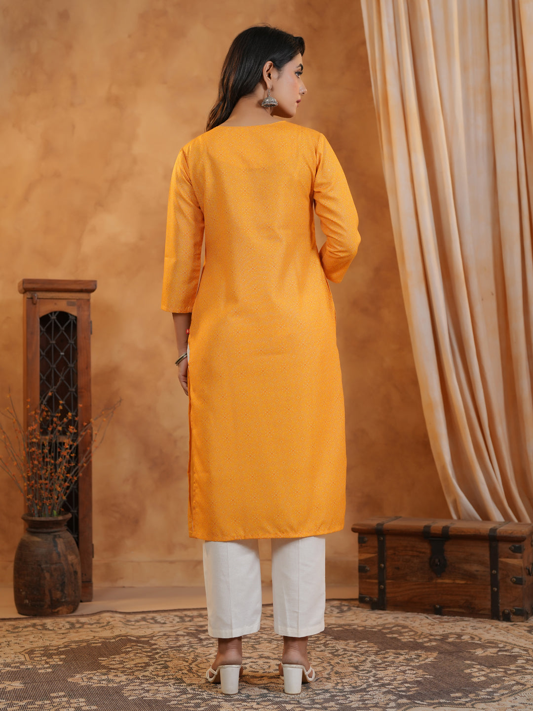 Span Yellow Key hole Neck Cotton Kurta Set